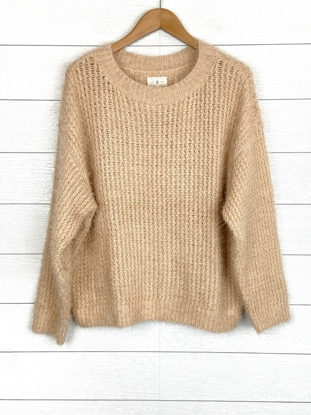 LOU & GREY Fuzzy Eyelash Crew Sweater Blush Peach Large